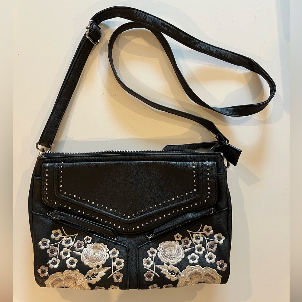 Black Floral Embroidered Crossbody Bag